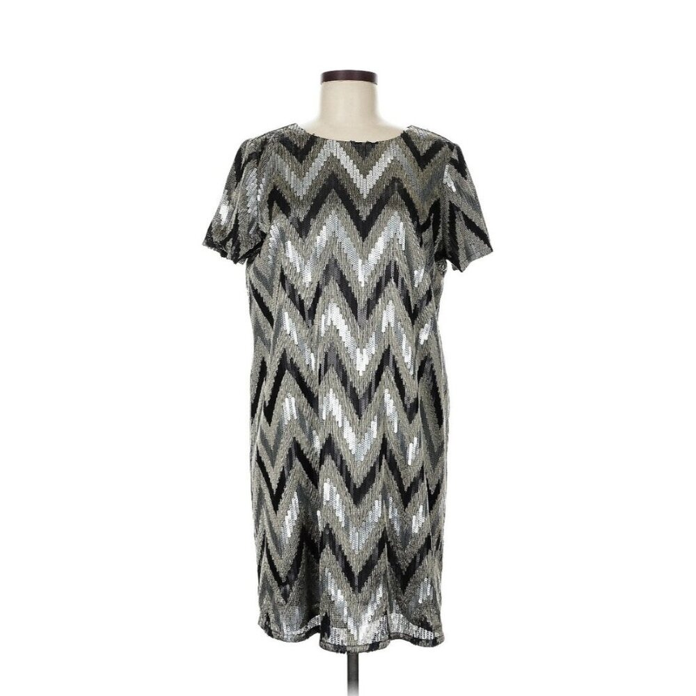 MICHAEL Michael Kors Metallic Sequin Short Sleeve Shift Dress 8 Black Silver